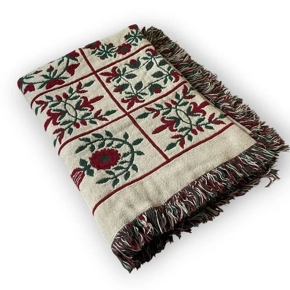 Throw Blanket Tapestry Floral Hearts Reversible Cotton Fringe Bloomcore 43x66